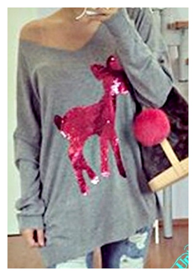 WILDFLOWER TOP Hot Pink Sequin Bambi on Grey Long Sleeve V Neck Top LAST ONE L/XL