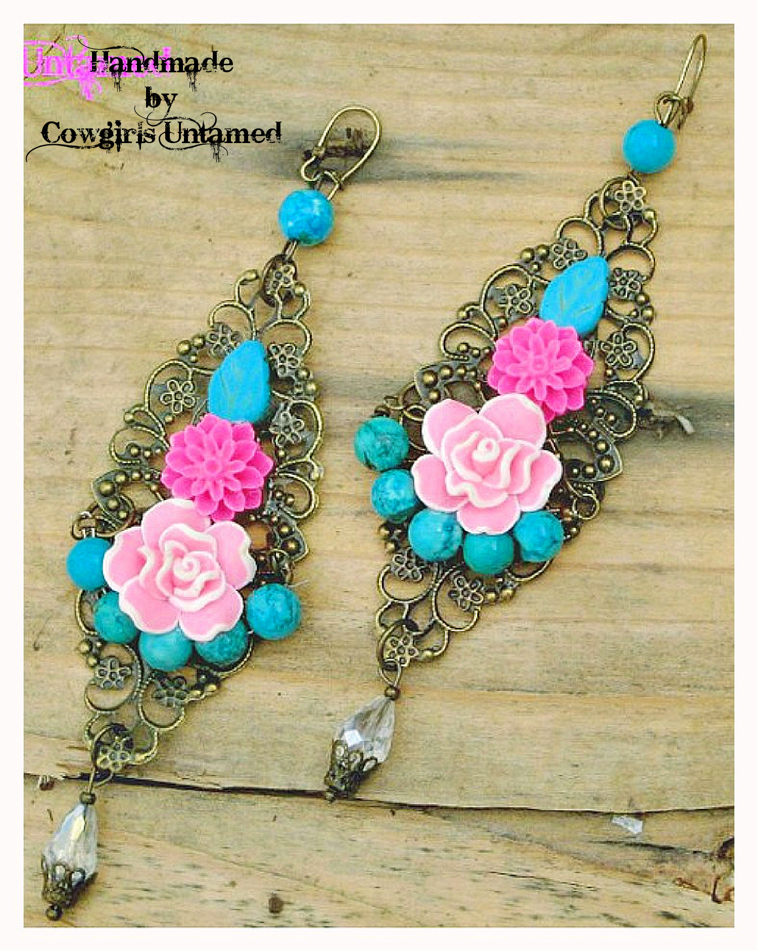 WILDFLOWER EARRINGS Handmade Pink Flowers & Turquoise Antique Bronze Long Filigree Boho Earrings