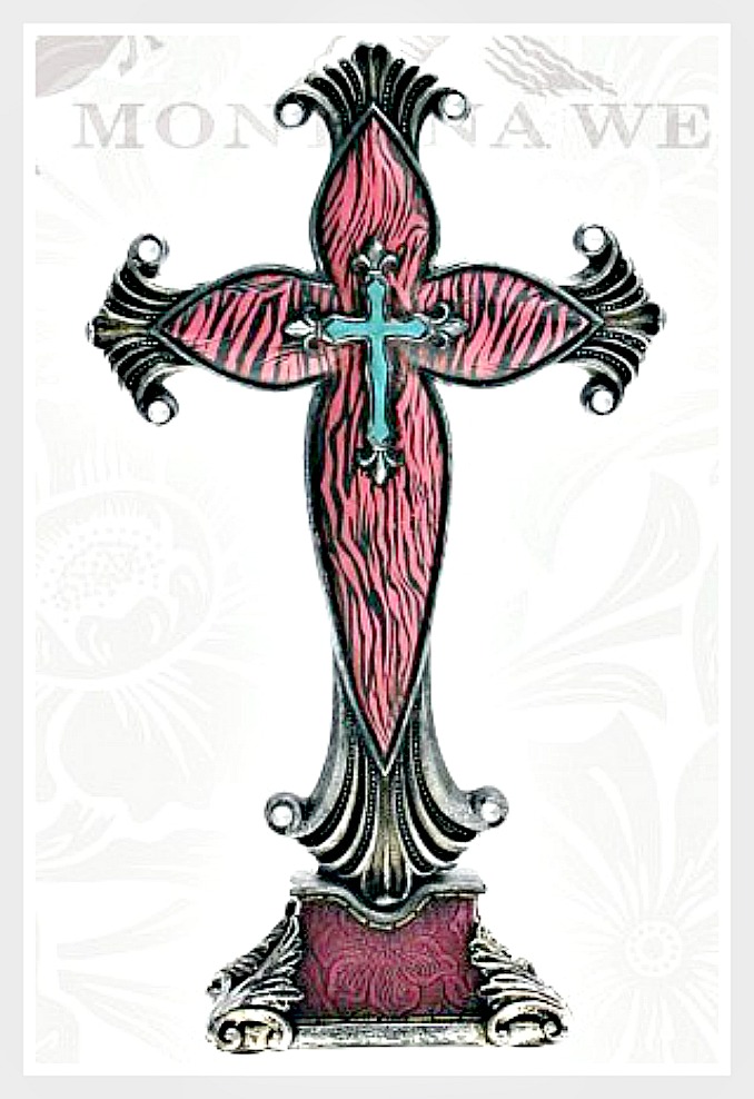 COWGIRL STYLE DECOR Pink Zebra with Layered Silver Fleur de Lis Turquoise Cross Western Table Cross