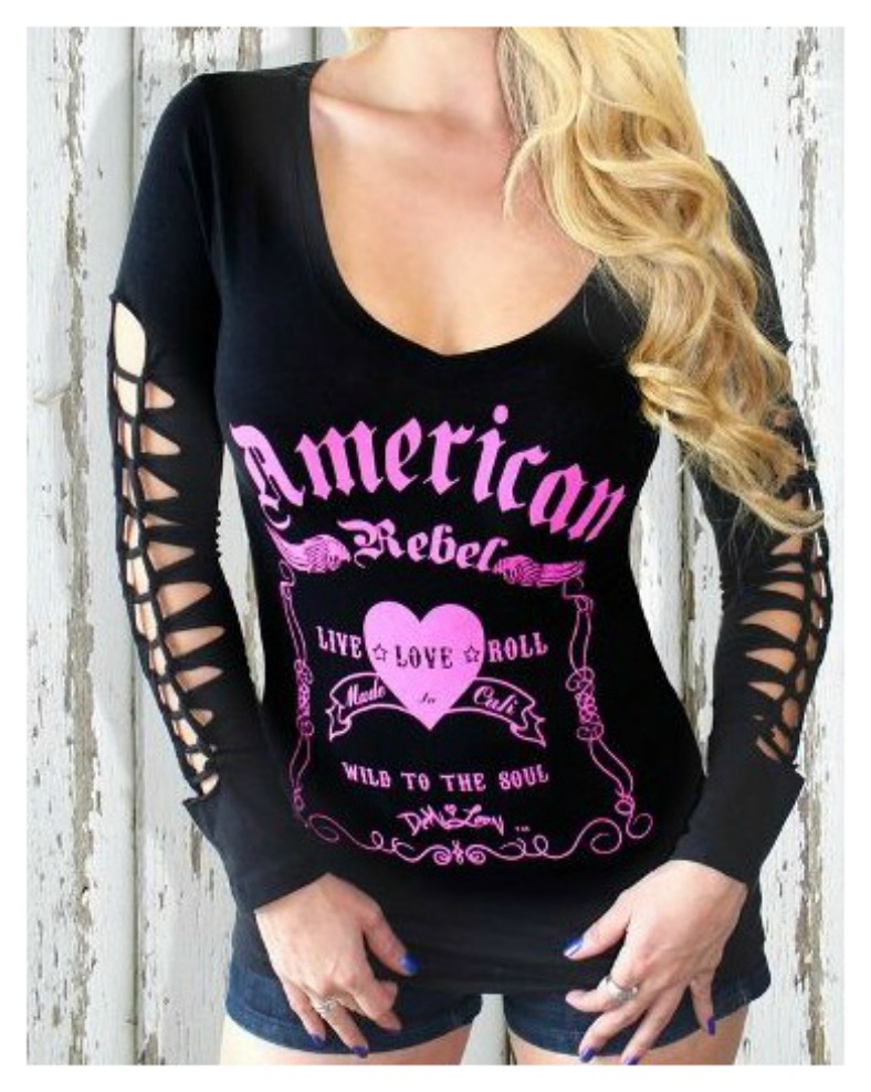 DEMI LOON TOP Pink Heart "American Rebel Live Love Roll Wild to the Soul" Black Long Sleeve Top LAST ONE Large