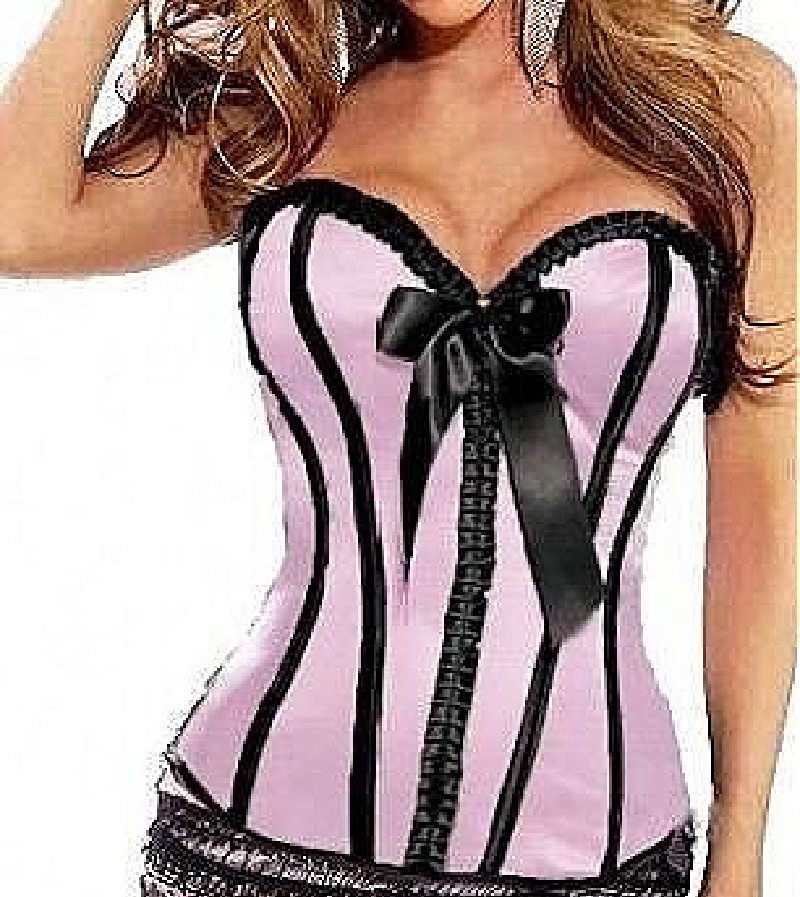IN THE PINK CORSET - Pink Satin Black Stripe Bow Ruffle Trim Lace Up Strapless Corset Top w/ Hook & Eye Side Closure -S ONLY