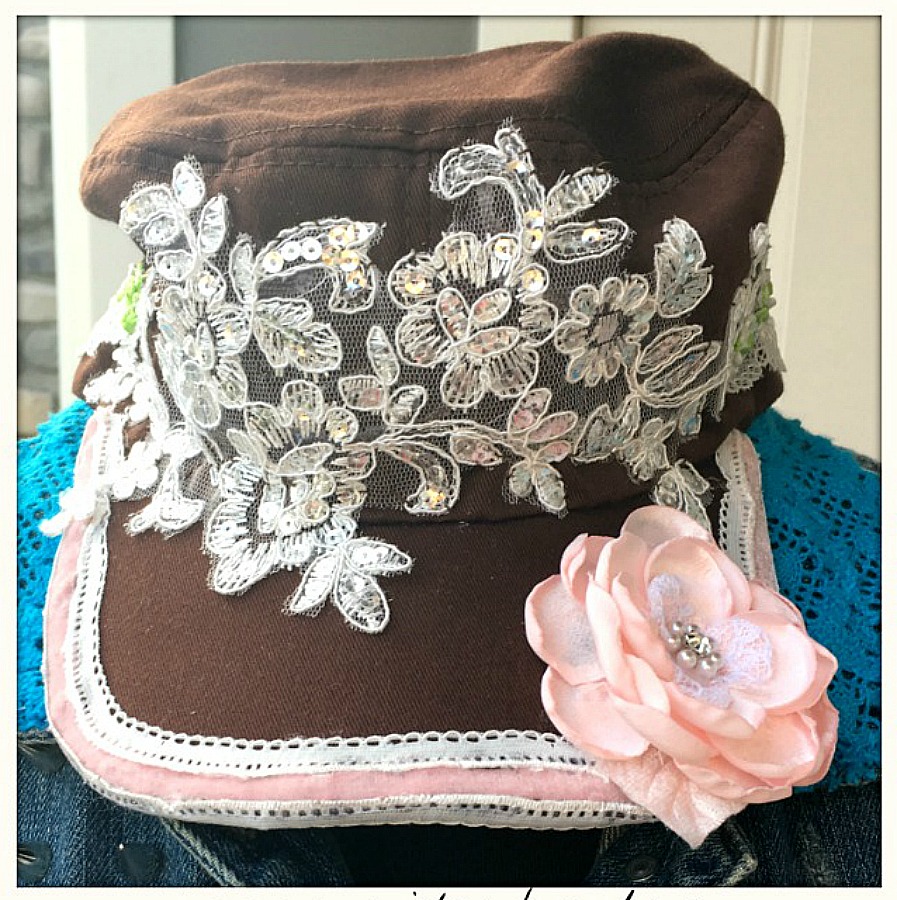 BOHEMIAN COWGIRL CAP Pink Velvet & Silk Flower White & Floral Lace Brown Cadet Cap