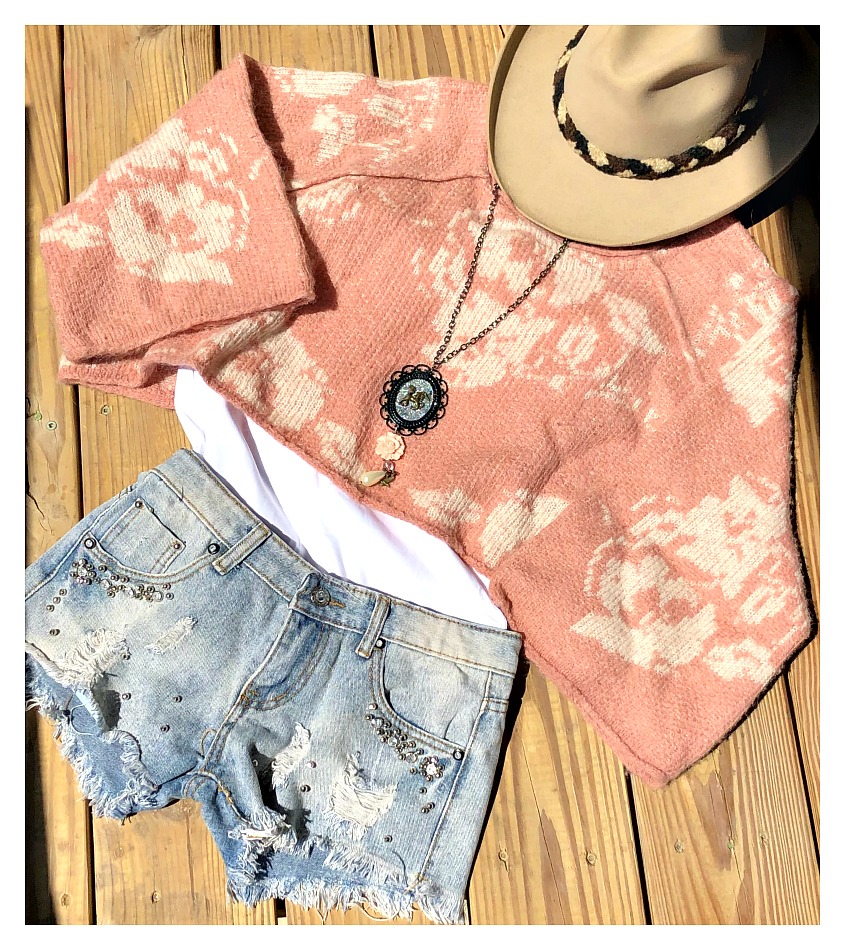 FREE PEOPLE SWEATER Dusty Pink & White Floral Bell Sleeve Cropped Boho Sweater w/ FREE TANK TOP