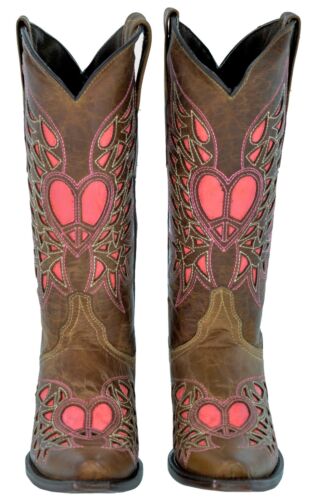 PEACE & LOVE BOOTS Brown Genuine Leather Pink Peace Heart Wings Womens Cowgirl Boots 5-10.5