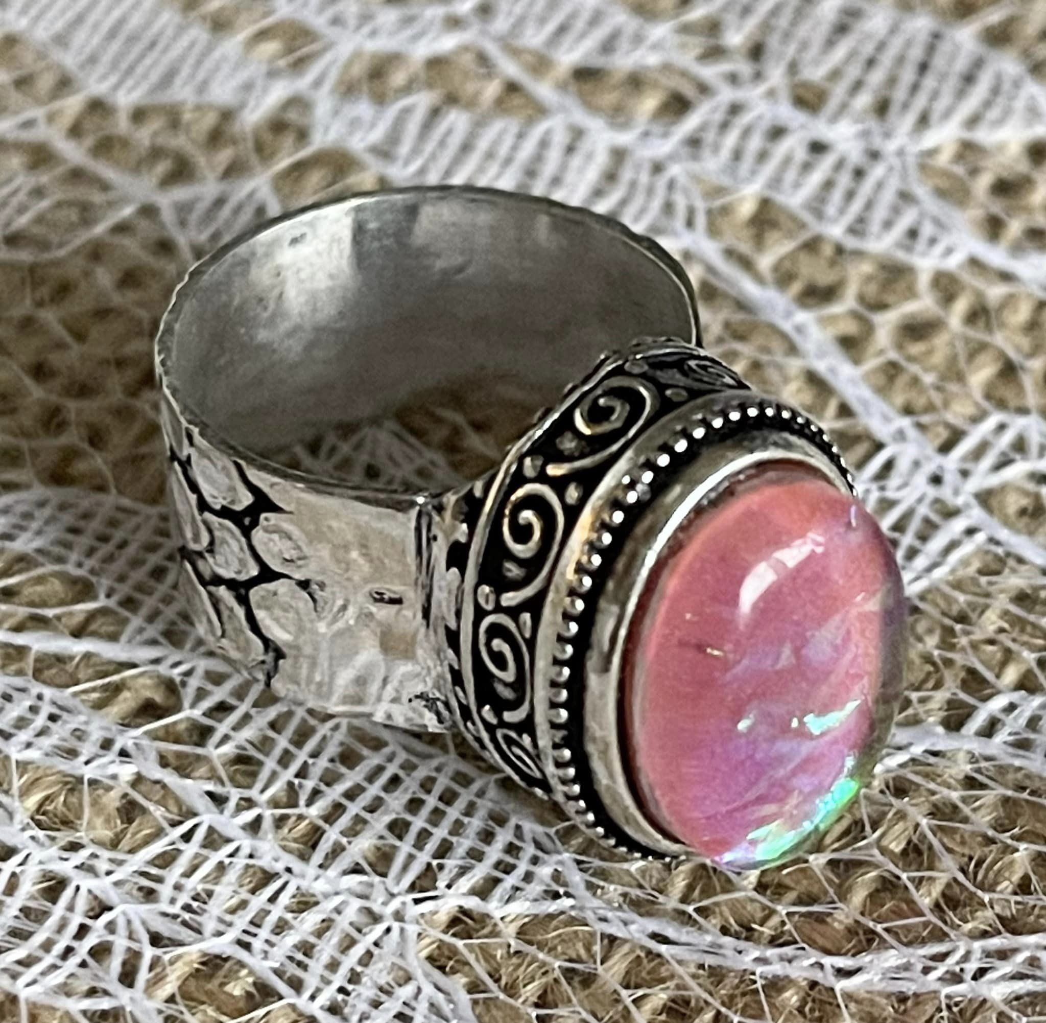 THE PINK OPAL RING Handmade Pink Opal Tripplet Gemstone 925 Sterling Silver Plated Wide Ring 7.5