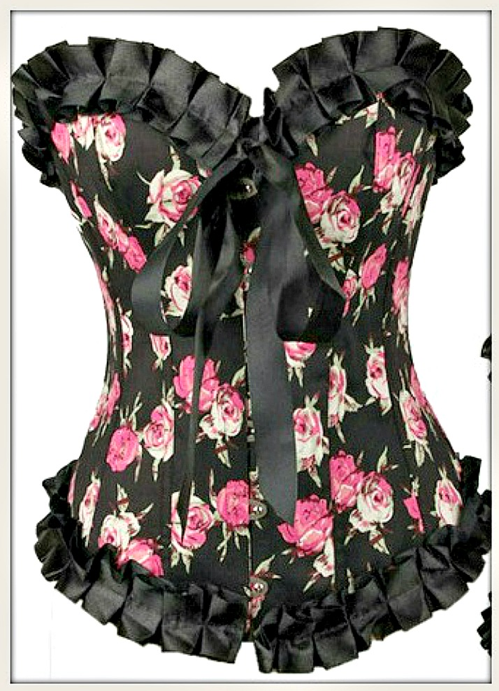 CORSET - Pink Roses on Black Satin N Ruffle Lace Up Back Western Corset Top LAST ONE 2X