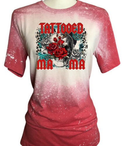 TATTOO MAMA TEE Bleached Tattoo Mama Red Rose Turquoise Black Skull Leopard Graphic Womens Short Sleeve T-Shirt S-2XL