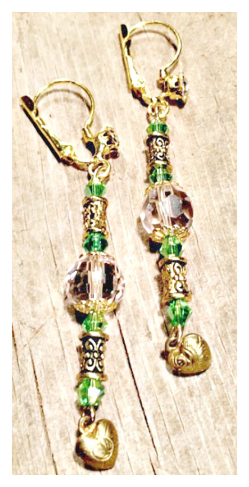 VINTAGE GYPSY EARRINGS Pink & Green Swarovski Crystal Antique Gold Heart Charm Vintage Rhinestone Earrings