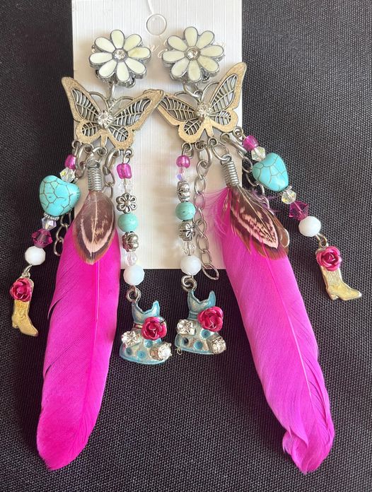 COWGIRL STYLE EARRINGS Handmade Aqua Turquoise N Sterling Silver Charm Pink Feather Earrings