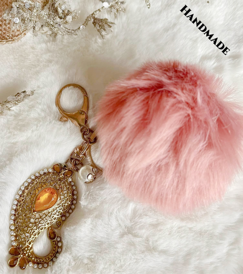 BOHO COWGIRL KEY CHAIN Handmade Crystal Pearl Paisley & Pearl Charm Pink Faux Fur Pom Purse Accessory / Key Chain