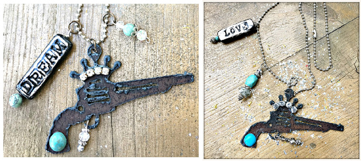 COWGIRL ATTITUDE NECKLACE Turquoise N' Crystal Charms on Metal Rhinestone Crown N Pistol Western Necklace 2 styles