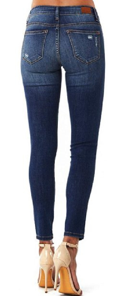 Dark Wash Distressed Stretchy Skinny Jeans With Red Plaid Print Insets ...