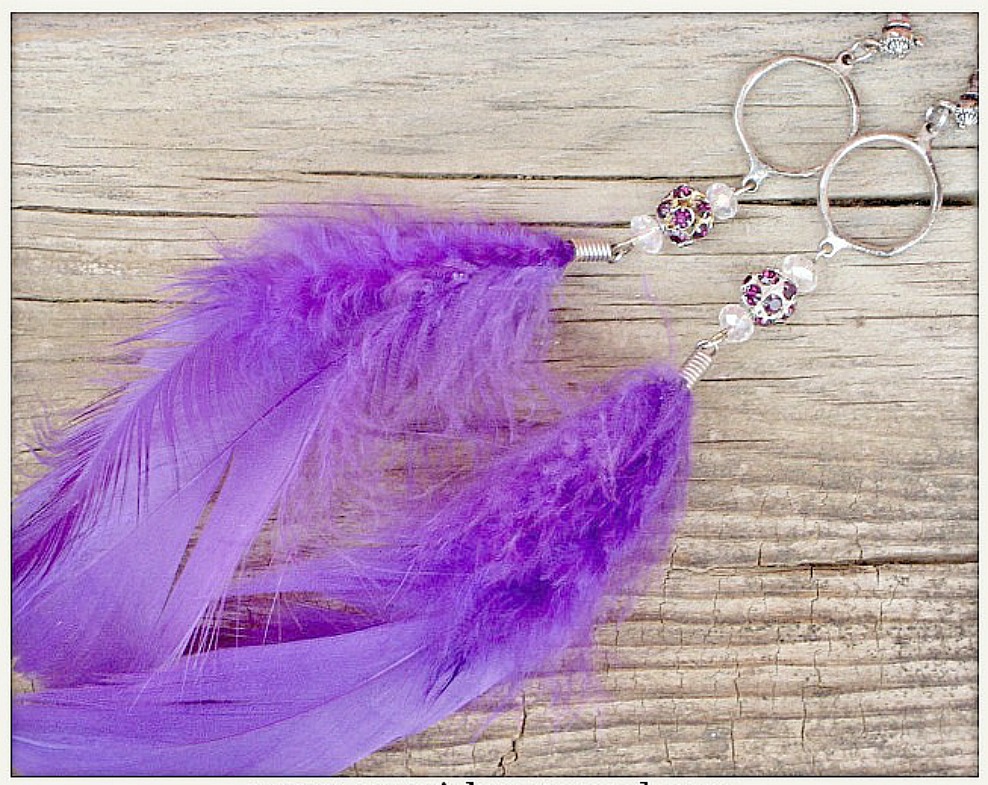 COWGIRL GLAM EARRINGS Purple Feather on Purple Rhinestone Bead Antique Silver Western Earrings
