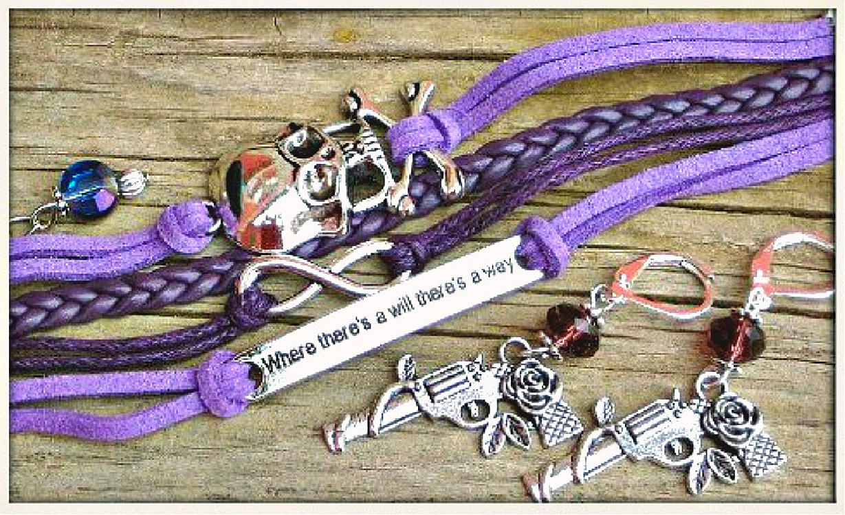 PISTOL PACKIN' MAMA EARRINGS BRACELET SET Custom Antique Silver Skull n "Where There's a Will There's A Way" Purple Leather Bracelet Earring SET