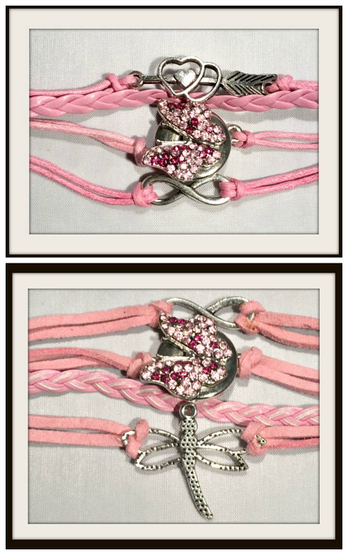 COWGIRL ATTITUDE BRACELET Silver Dragonfly or Butterfly Snap Charm Pink Leather Bracelet