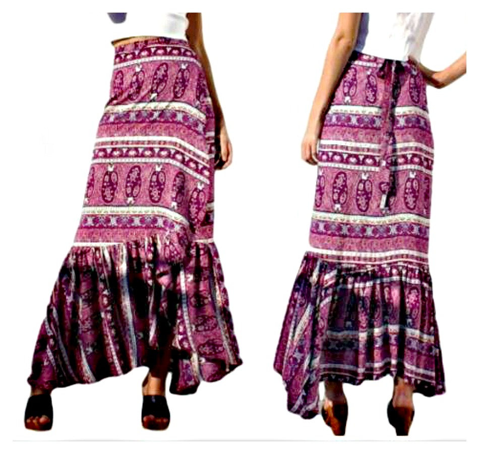 WILDFLOWER SKIRT Purple Paisley Floral Ruffle Tier Vintage Boho Wrap Skirt