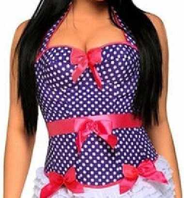 THE PURPLE DAISY CORSET - Hot Pink Satin Trim Bow Belt  on White Polka Dot Purple Push Up Padded Halter Lace Up Corset Top - 3X Plus Size
