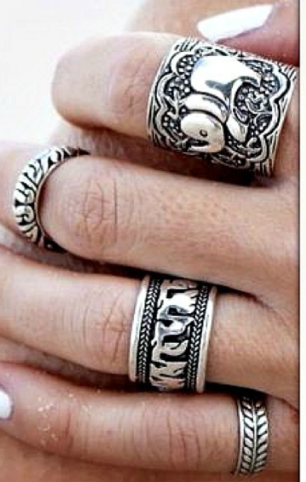 BOHO CHIC RING SET Antique Silver Boho Elephant Ring Set of 4