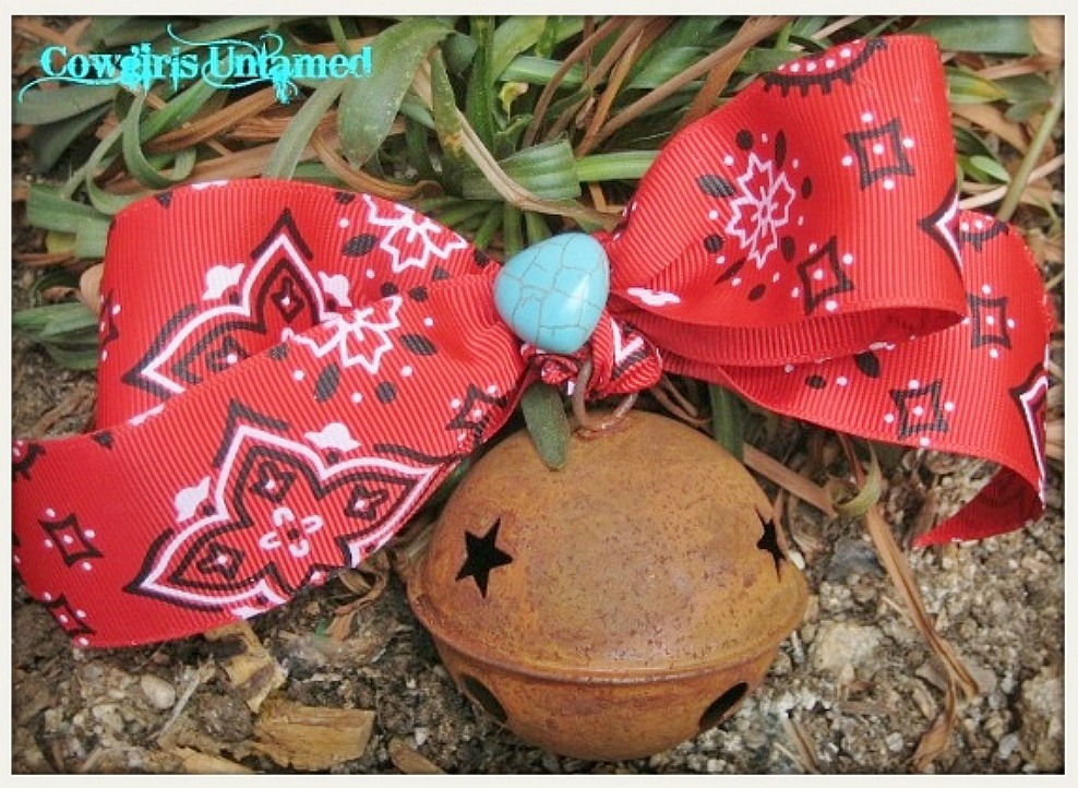 FARMHOUSE CHIC DECOR  Red Bandanna Bow Turquoise Heart on Rustic Star Cutout Metal Bell Western Ornament