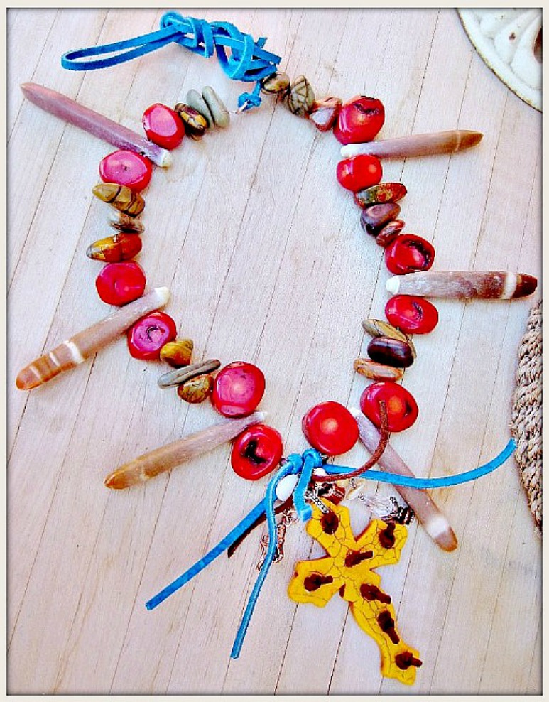 BOHO CHIC NECKLACE Orange Turquoise Cross Tassel Shell Red Coral Brown Sea Urchin Spikes Jasper Necklace
