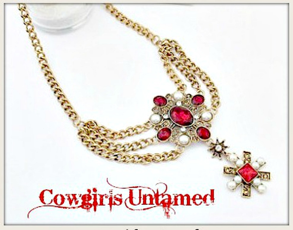 THE SVETLANA NECKLACE Red Crystal Rhinestones and White Pearl Antique Gold Chain Boho Statement Necklace LAST ONE!