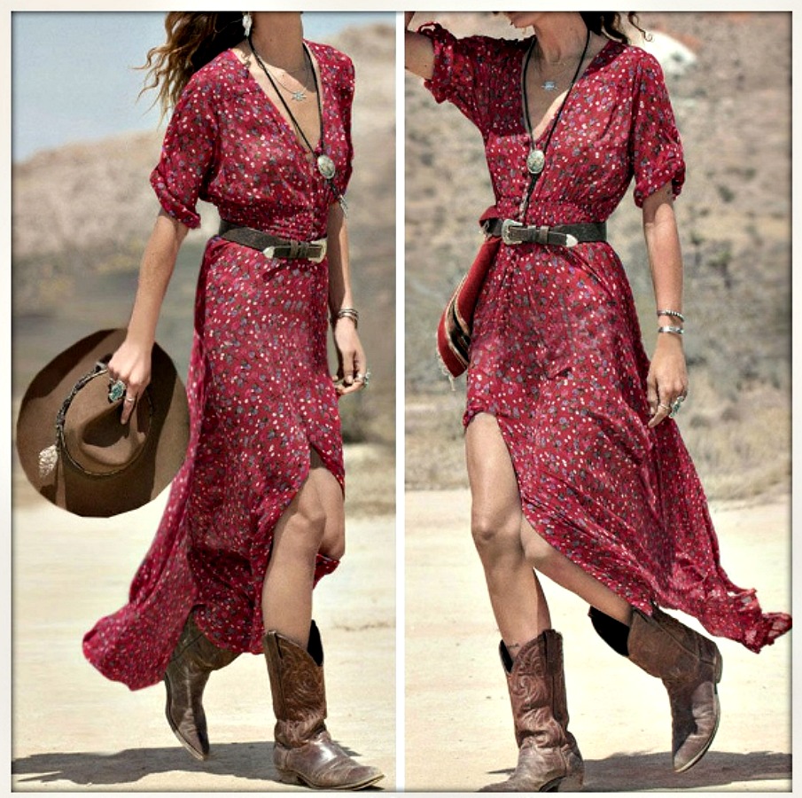WESTERN COWGIRL DRESS Red Floral Button Front Maxi Dress, red, dress
