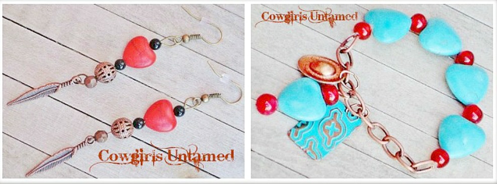 COWGIRL STYLE BRACELET SET Handmade Red & Aqua Turquoise Copper Feather Charm Stretch Bracelet and Matching Earring SET