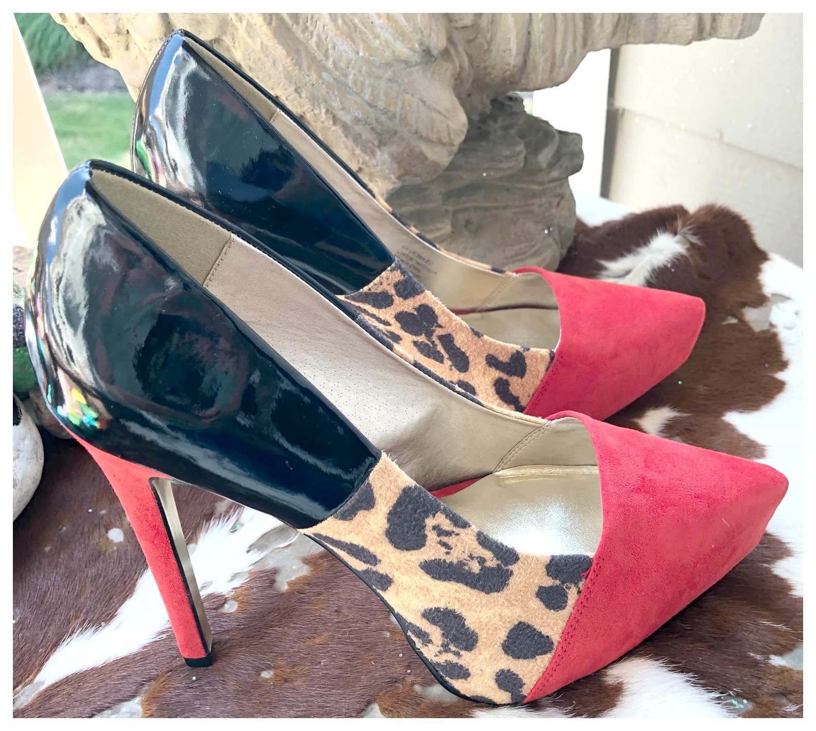 ON THE PROWL HEELS Red Leopard and Black Leather Designer Platform Heels