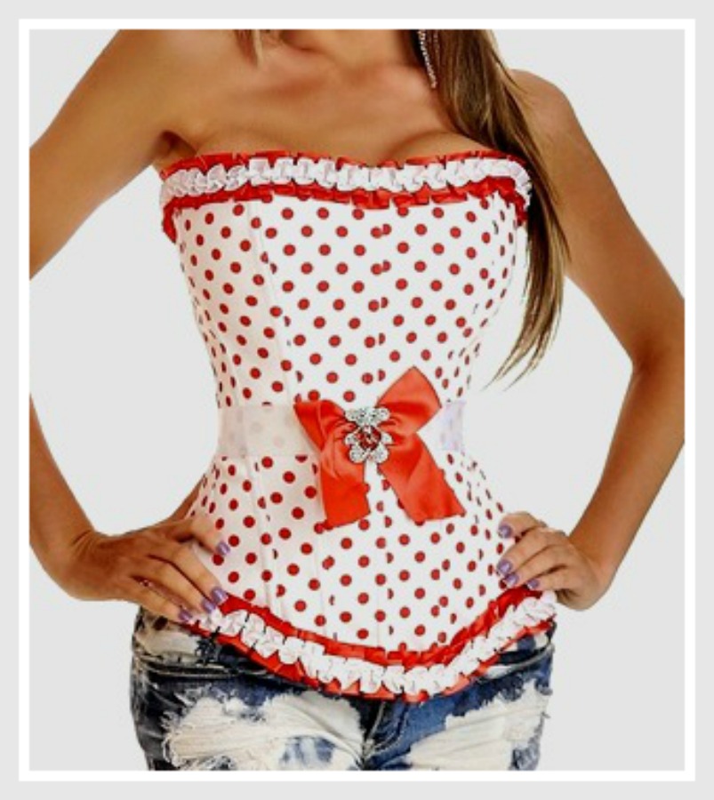 CORSET - Red Polka Dot White Cotton Satin Trim Side Zip Lace Up Back Corset LAST ONE 2X