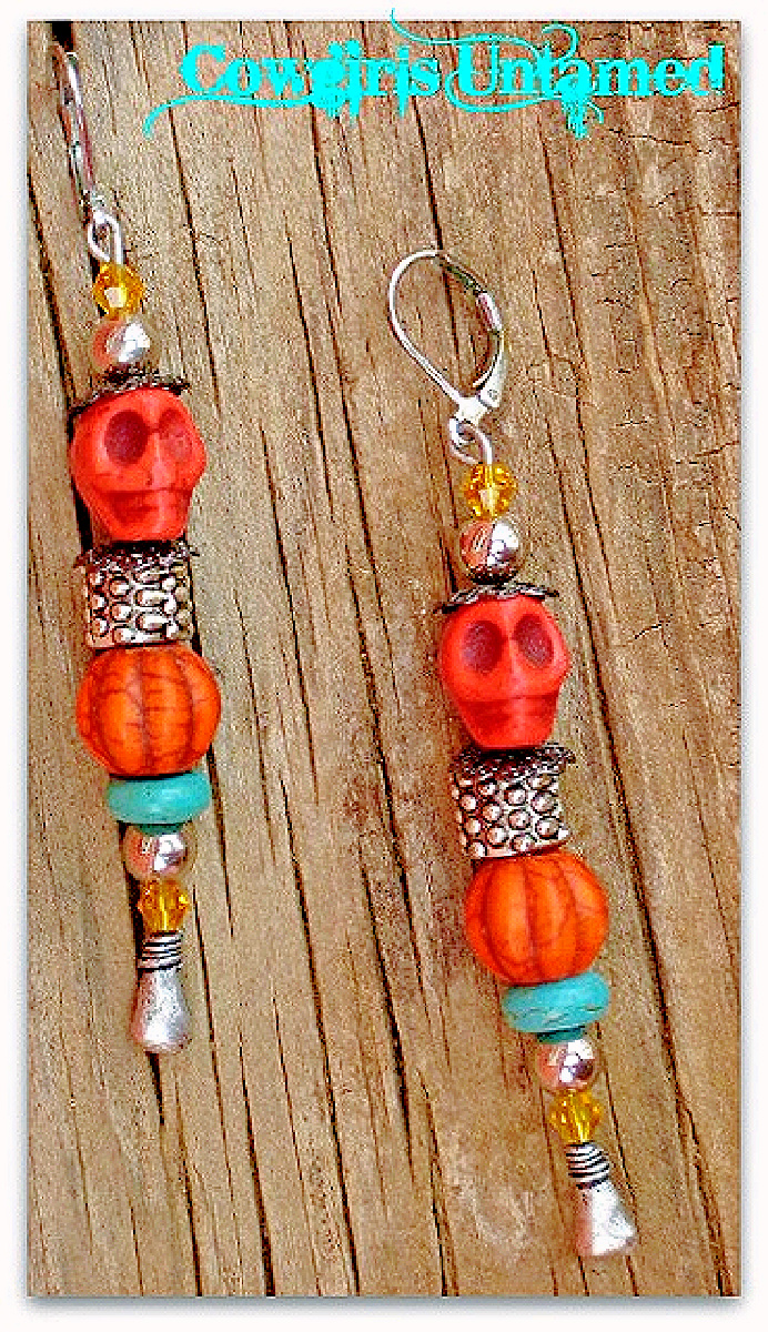 COWGIRL GYPSY EARRINGS Handmade Red Skull Crystal & Turquoise Antique Silver Dangle Earrings