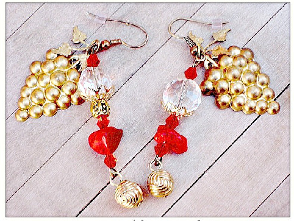 COWGIRL ATTITUDE EARRINGS Wine Lover Grape & Leaf on Red Turquoise Crystal and Gold Earrings