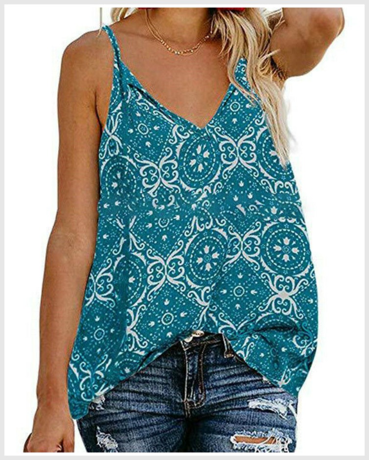 THE CALLIE TOP Teal Blue & White Floral Boho Cowgirl Sleeveless Camisole Tank Top S-2XL