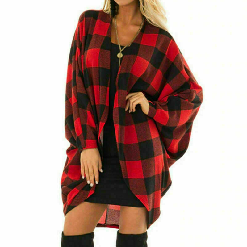 THE JENNY JACKET Red & Black Checked Plaid Open Long Dolman Sleeve Oversized Cotton Womens Jacket
