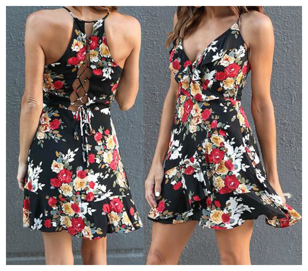 Lace Up Back Sleeveless Ruffle Hem Mini Dress main image 1