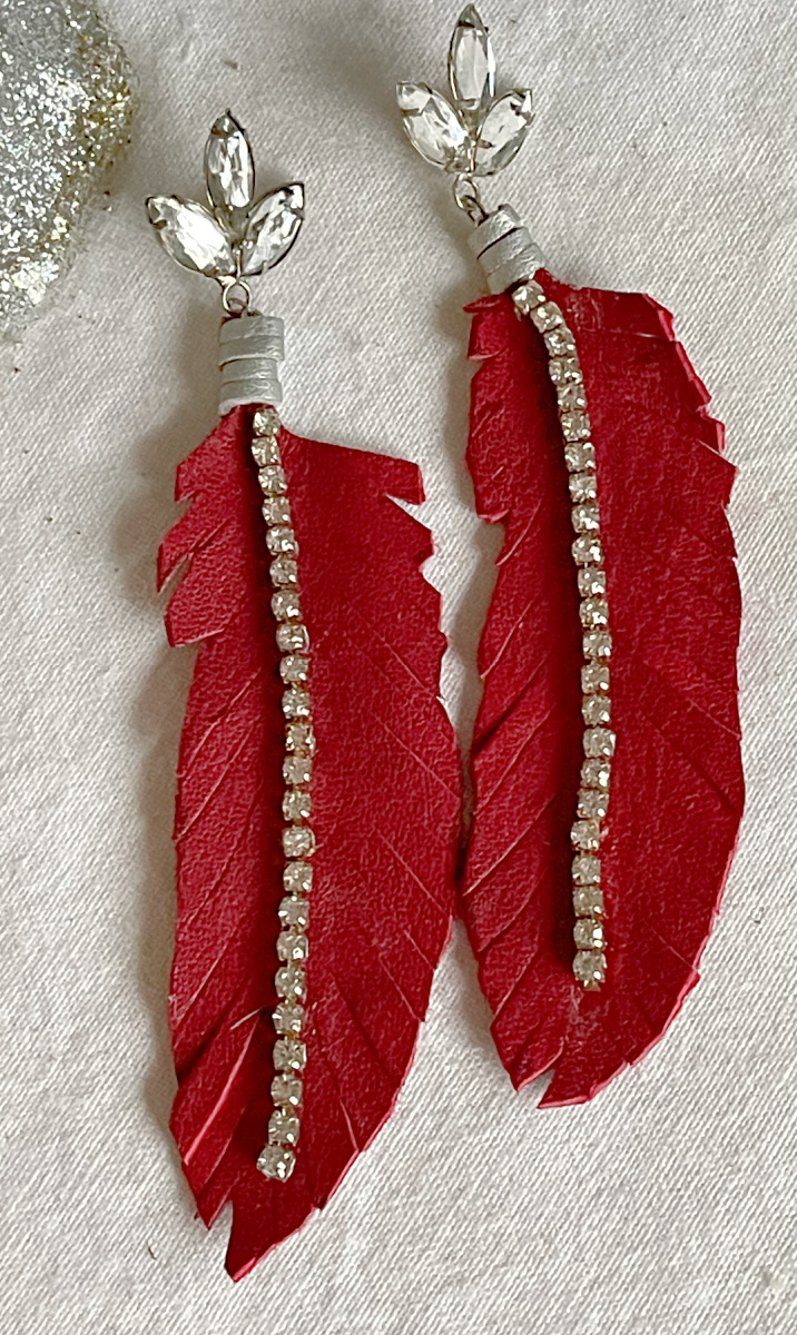 BOHO CHIC EARRINGS Handmade Rhinestone Long Red Leather Feather Silver Vintage Rhinestone Earrings