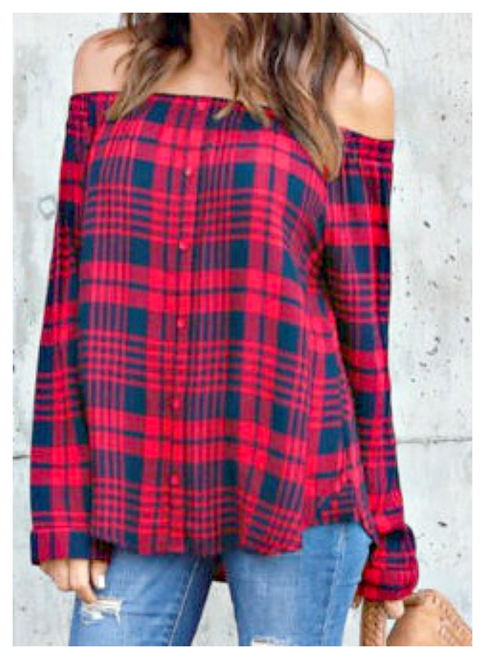 Off Shoulder Long Bubble Sleeve Plaid Top main image 0