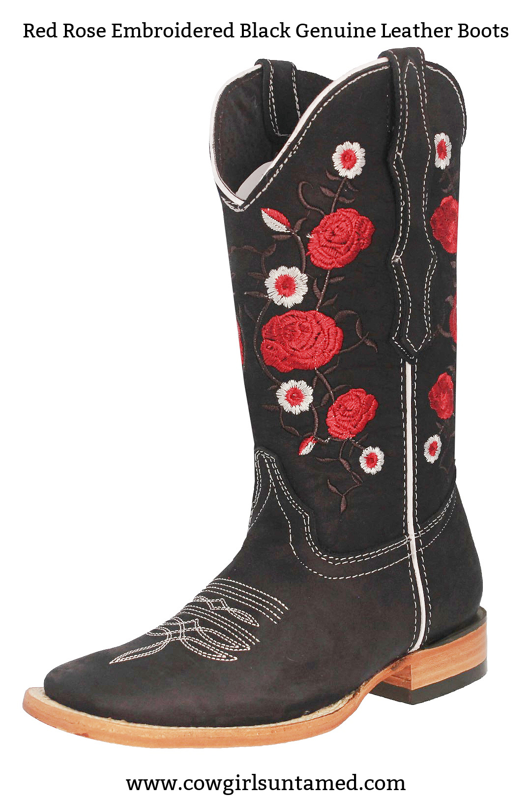 THE RED ROSE BOOT Red White Embroidered  Floral Black Genuine Leather Square Toe Cowgirl Boots 6-10