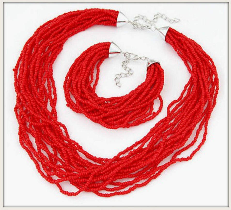 BOHEMIAN COWGIRL NECKLACE SET Red Coral Indian Beaded Multi Strand Necklace & Bracelet ONLY 2 LEFT