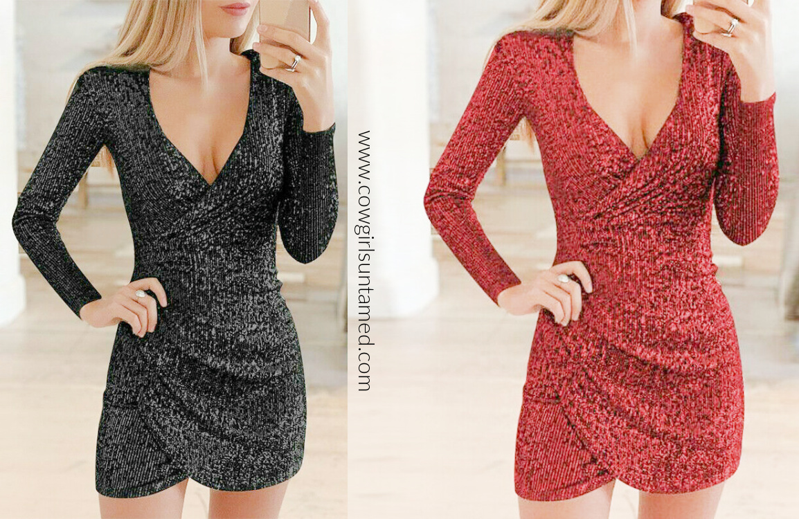UP TO SOMETHING DRESS Womens Long Sleeve V Neck Wrap Style Fitted Sequin Short Dress 2 COLORS S-XL
