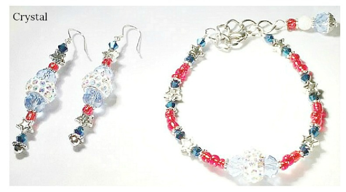 AMERICAN PRIDE BRACELET SET Handmade Red White Light Blue & Navy Crystal Silver Star Dangle Earrings Charm Bracelet Set