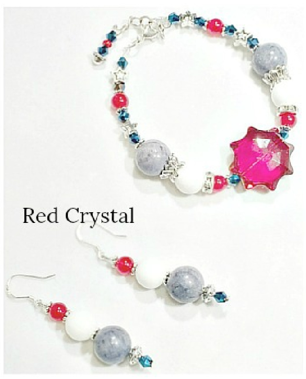AMERICAN PRIDE BRACELET SET Handmade Red Crystal White & Blue Coral Beaded Silver Dangle Earrings Bracelet Set