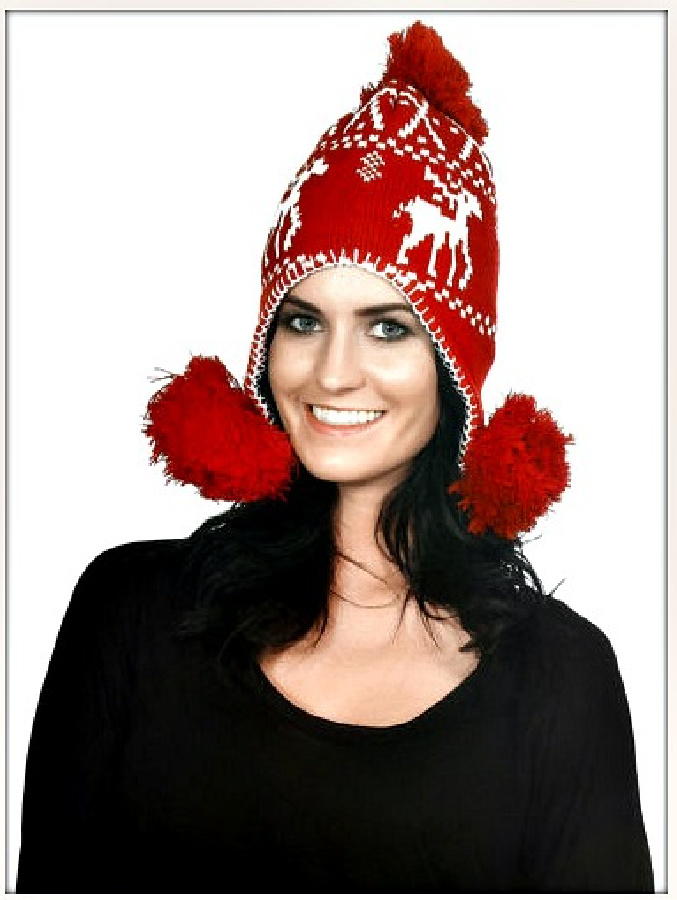 COUNTRY COWGIRL HAT Red & White Deer Pom Pom Winter Knit Hat