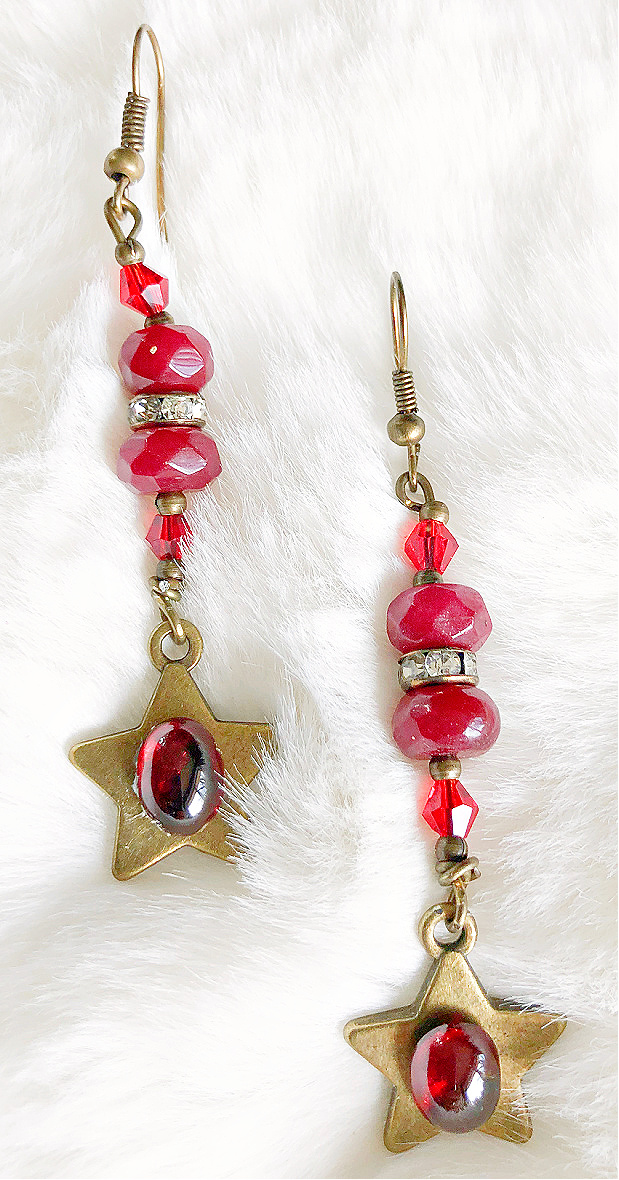 VINTAGE STAR EARRINGS Handmade Unique Brushed Gold Red Ruby Gemstone Star on Garnet Crystal BOHO Earrings