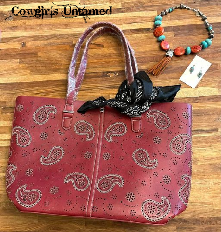COWGIRL STYLE HANDBAG White Embroidered Floral Paisley Deep Red Western Tote