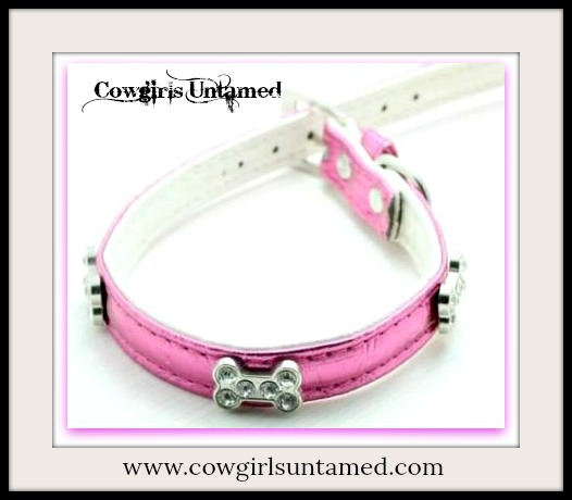 COWGIRL PET STYLE COLLAR Metallic Hot Pink Leather Rhinestone Silver Bone Accented Dog Collar