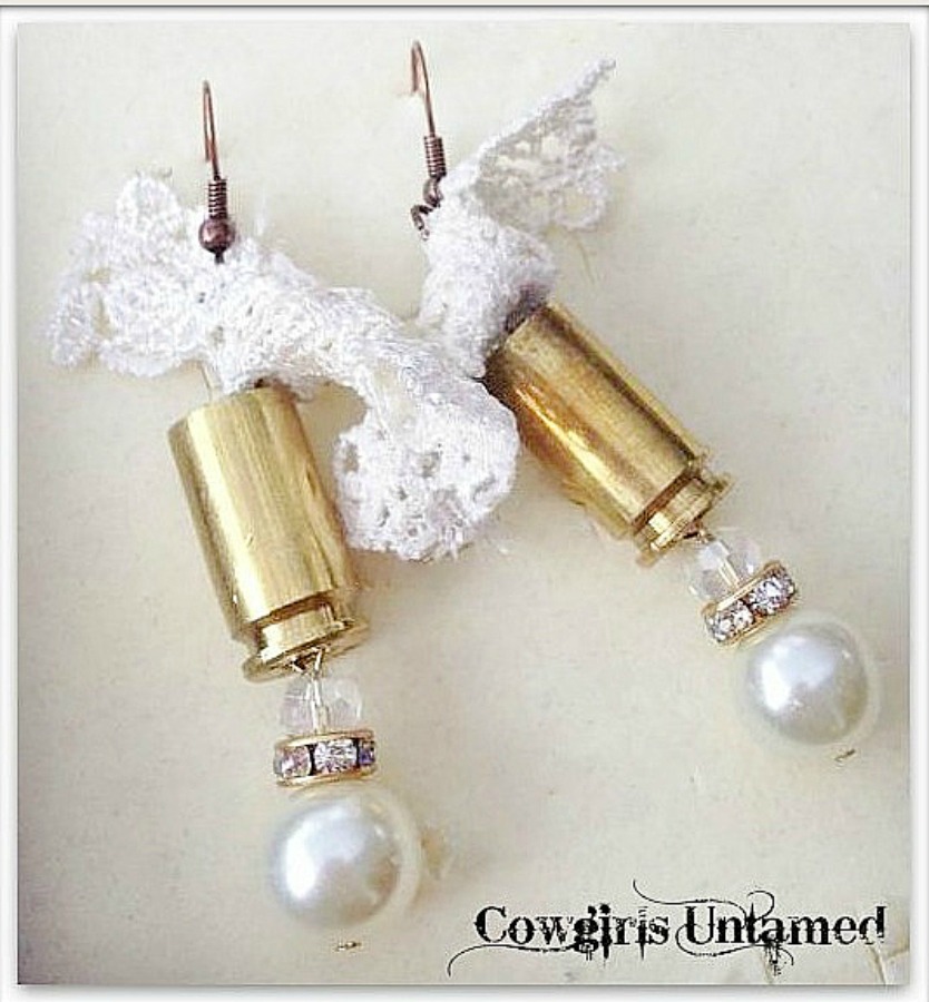 COWGIRL OUTLAW EARRINGS White Lace 40mm Bullet Shell Crystal N Pearl Western Earrings ARTISAN MADE