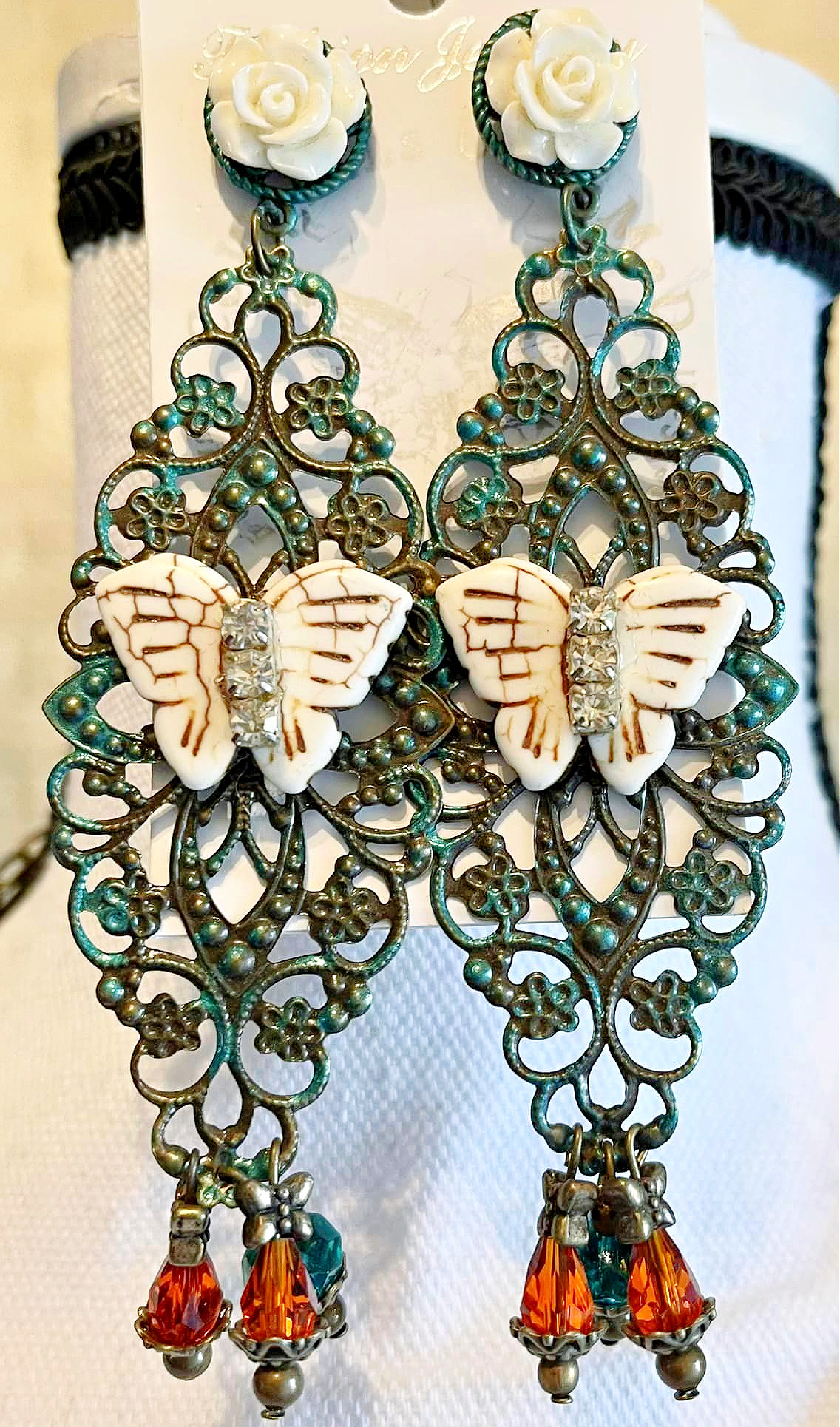 VINTAGE BOHEMIAN EARRINGS Handmade Rhinestone Ivory Turquoise Butterfly Teal & Orange Swarovski Crystal Charm Filigree Big Earrings