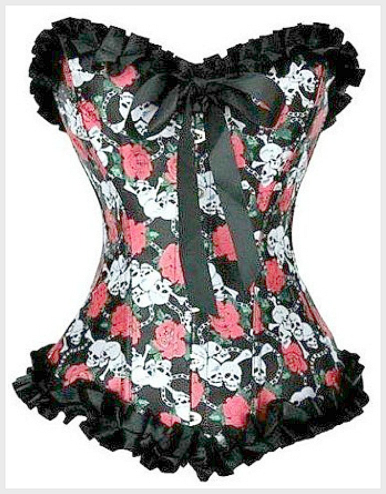 CORSET - Hot Pink Skull and Rose Black Satin Ruffle Lace Up Corset Top LAST ONE 2X