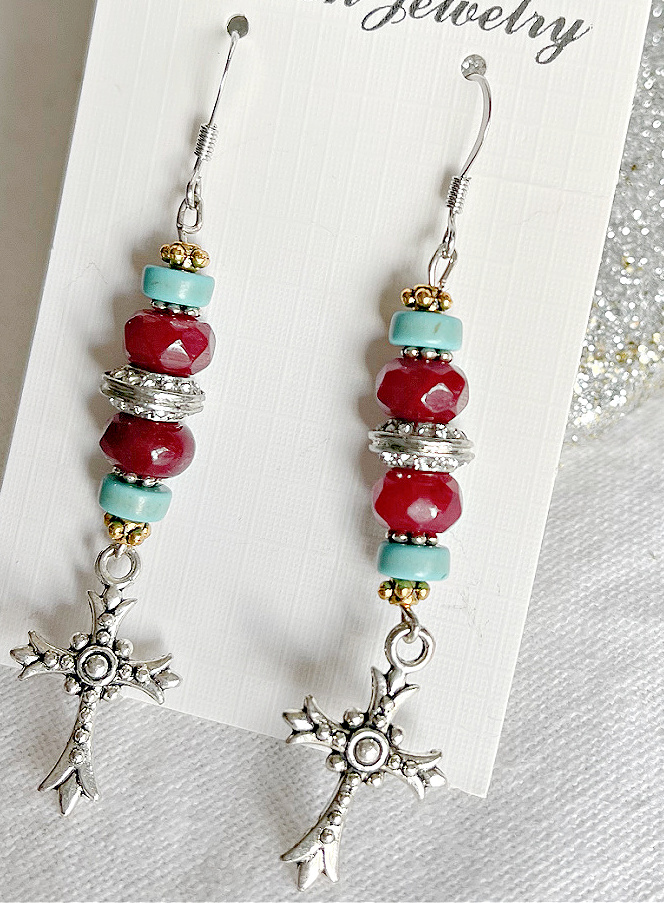  SAN JOSE EARRINGS Handmade Ruby Gemstone Rhinestone Turquoise Silver Cross Earrings One of a Kind