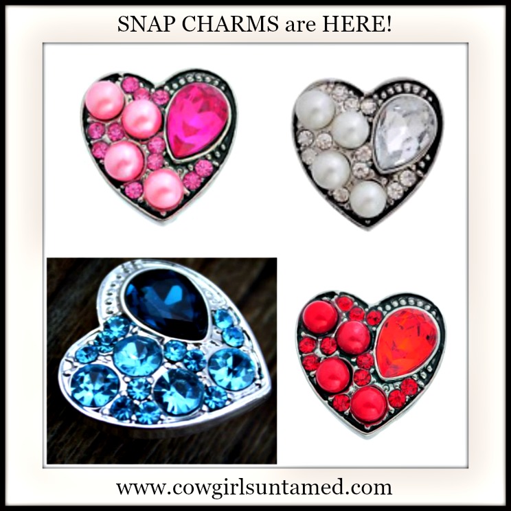 SNAP ON JEWELRY BUTTONS Crystal or Pearl Heart Snap Charms -You Choose